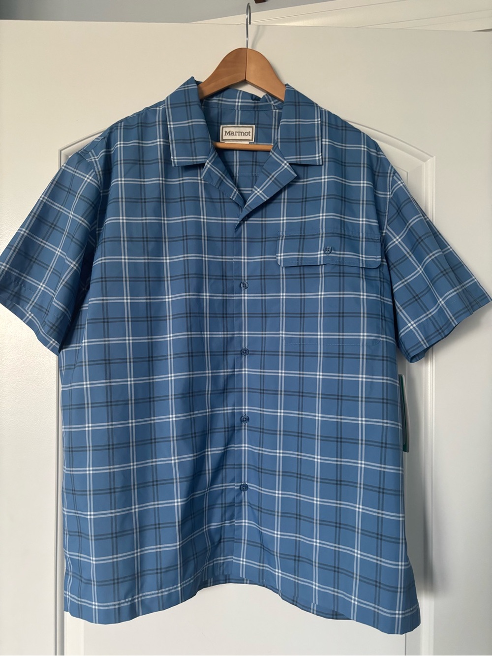 NWT Marmot Men's AirExchange SolarShield Camp Novelty SS Shirt Blue Windowpane